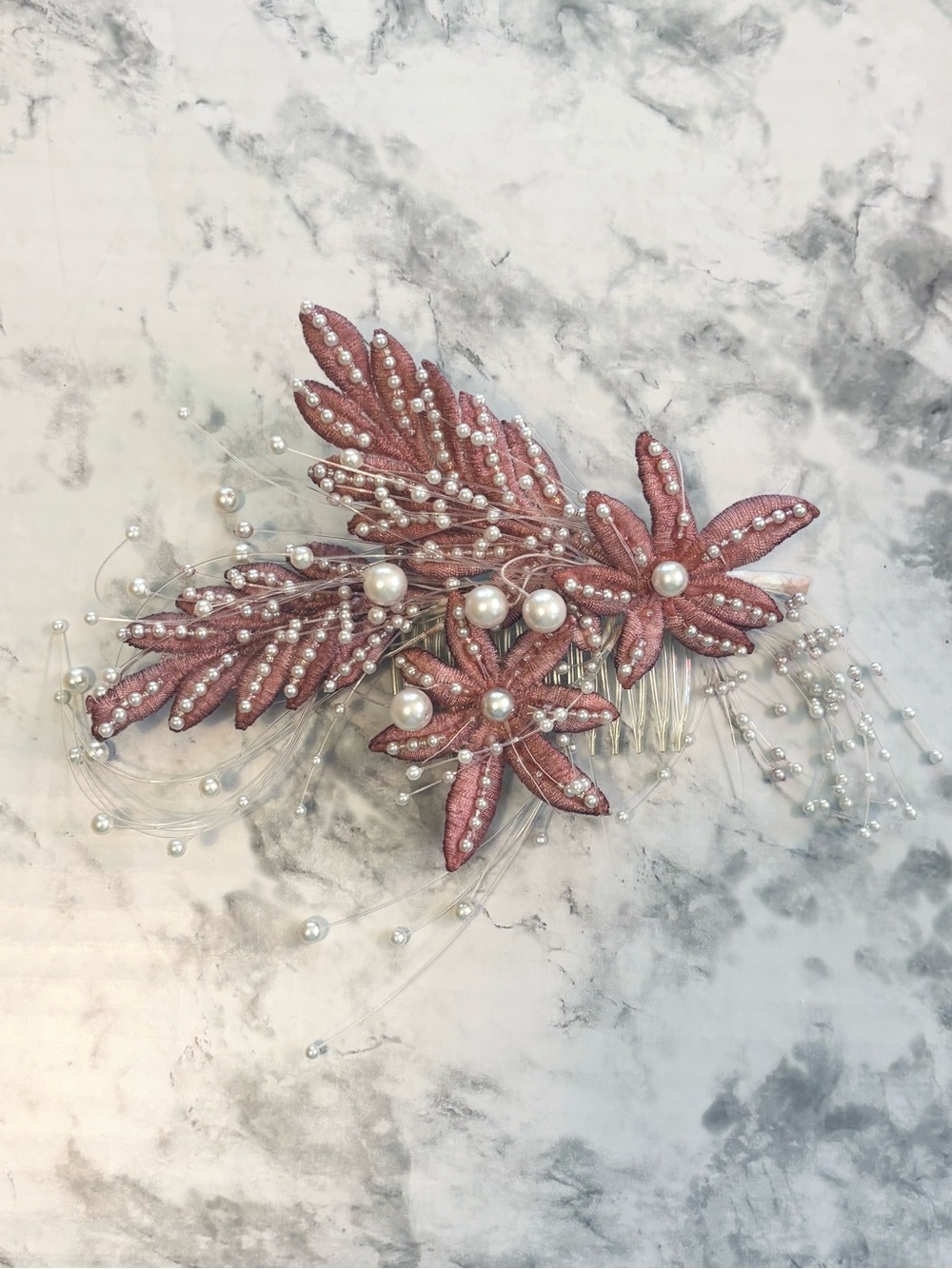 Vintage Floral Pink Beaded Pearl Bridal Hair Comb